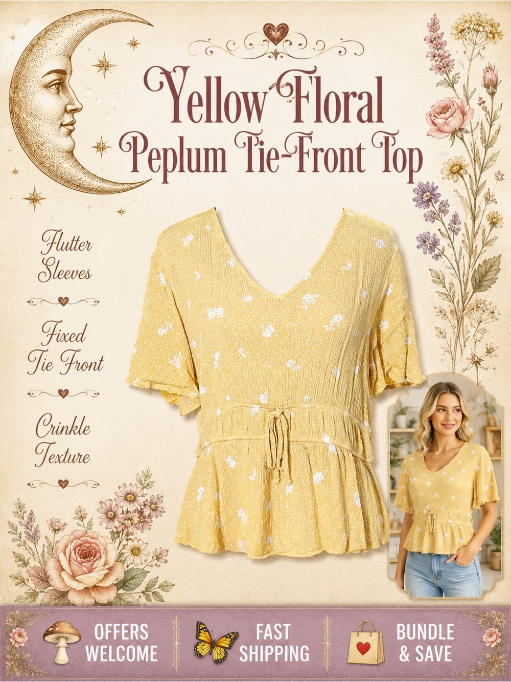 SO Yellow Floral Peplum Top Fixed Tie Front Flutter Sleeves Junior L